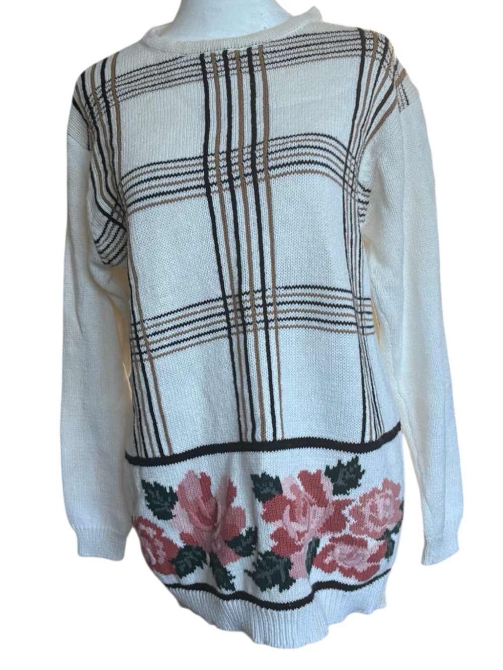 Vintage Floral Plaid Knit Sweater – S Cottagecore Knit